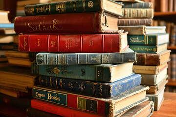 Stack of open books arranged on top of each other.