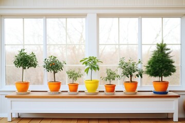 a row of potted dwarf citrus trees on a sunroom ledge