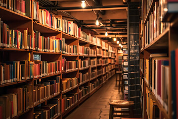 The vast expanse of bookshelves in a library. Capture rows of books, neatly organized shelves. - obrazy, fototapety, plakaty