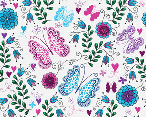 Vector seamless colorful floral valentines pattern with hearts and butterflies in doodle style on a white background