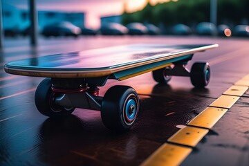 Skateboard closeup view at evening ,cinematic look