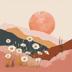 Minimalist abstract colorful clipart print set with mountains, sun, daisies. Softly organic simple lined bold shaped charming tiny core print vector style. Great as web banner, poster design.