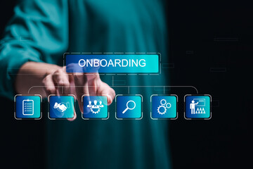 Onboarding business process concept. Businessman touch virtual onboarding icon for making sure new...