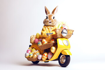 An Easter bunny in a yellow jacket rides a yellow electric motorcycle with baskets of Easter eggs