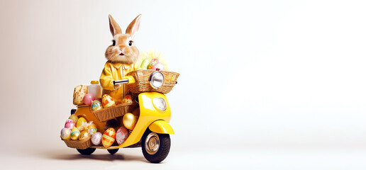 An Easter bunny in a yellow jacket rides a yellow electric motorcycle with baskets of Easter eggs on a white background. Banner. Copy space