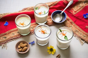 vegan lassi variations with almond milk, labels on jute cloth - obrazy, fototapety, plakaty