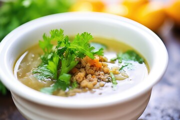 close-up of lentil soup garnished with parsley