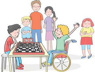 The disabled boy and his friend are playing chess. The audience is looking at them. Children playing chess.