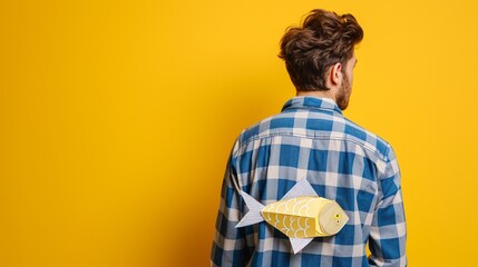 Man with paper fish on back against yellow background. April fool's day - obrazy, fototapety, plakaty