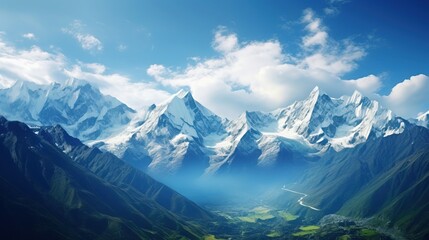 Himalayas Snow Mountains Wallpaper Background Beautiful Nature Landscape Blue Sky Panorama Concept of Travel Eco Tour Hiking with Copy Space 16:9