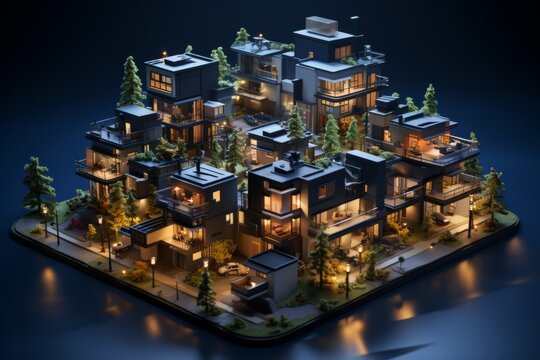 Stylish Townhome Rows Aerial View, on an isolated Midnight Blue background, Generative AI