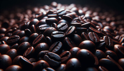 a close-up view of coffee beans, showcasing their textured surface and deep, roasted color
