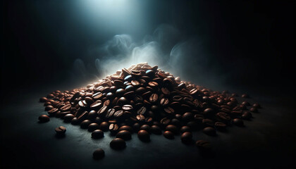 Cinematic portrayal of a handful of coffee beans set against a dark, atmospheric background - obrazy, fototapety, plakaty