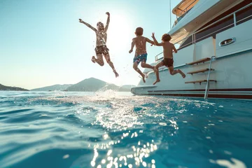 Foto op Canvas Father and sons jumping into water from swim deck of yacht. © Straxer