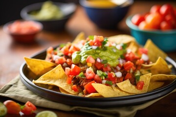 close-up of nachos topped with guacamole and salsa - obrazy, fototapety, plakaty