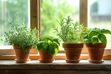 Fresh green herbs, basil, rosemary and coriander in pots placed on a window.