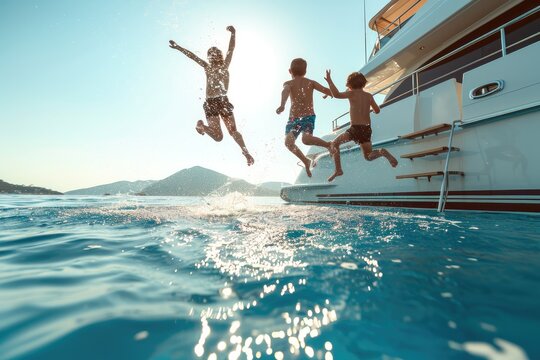 Father and sons jumping into water from swim deck of yacht.