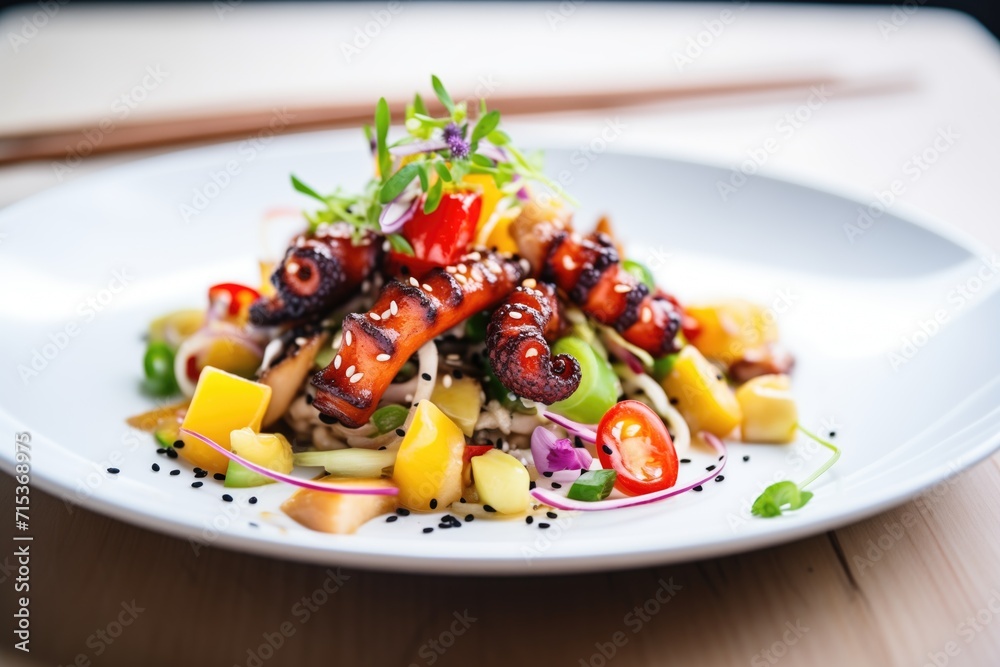 Poster macro shot of octopus salad with sesame seeds