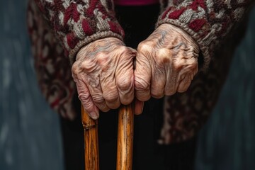 Hands of senior woman holding walking cane.