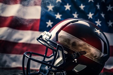Photo american football . american football equipment, helmet, ball close-up on the of the american flag. patriotism