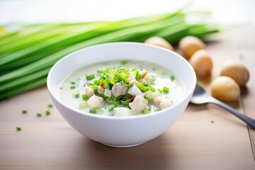 clam chowder in a white bowl with chopped chives - obrazy, fototapety, plakaty
