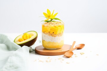 oats with layers of mango and passionfruit, white background, tropical feel