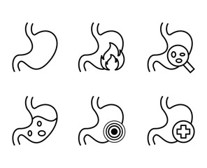 Stomach ache and pain in outline icons set - obrazy, fototapety, plakaty