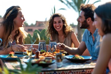 Smiling friends sharing food at rooftop restaurant in Marrakech while on vacation 