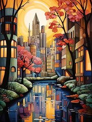 Art Deco Cityscapes: Riverside Reflections, A Captivating Stream and Brook Immortalized in Vibrant Painting