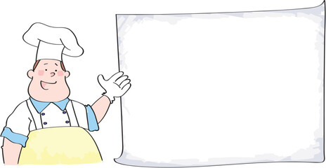 The cook is showing the menu of the day. Cook standing in front of blank ingredient list. Menu template.