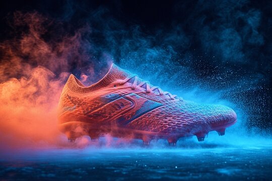 photo of football shoes is sprayed with powder xolor and black background