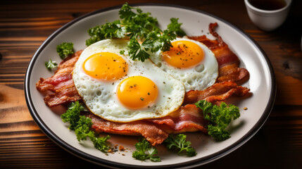 Fototapeta na wymiar Classic Breakfast Plate with Sunny Side Up Eggs and Crispy Bacon, Garnished with Fresh Parsley