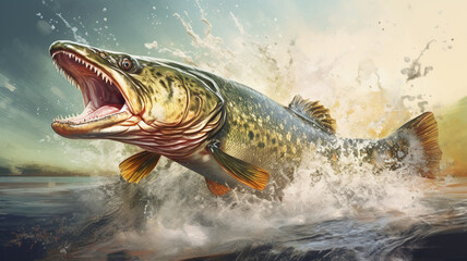 Big pike fish jumping with splashing in water Fishing - obrazy, fototapety, plakaty