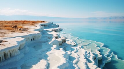 Dead Sea Coastline with White Salt Crystals Wallpaper Background Beautiful Nature Landscape Aqua Blue Sky Panorama Concept of Travel Eco Tour with Copy Space 16:9