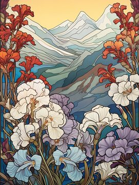 Snow-capped Alpine Blooms: Art Nouveau Floral Designs Mountain Print