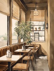 Obraz premium Atmospheric Coffee Shop Sketches: Earth Tones Art for Creating a Neutral Cafe Decor