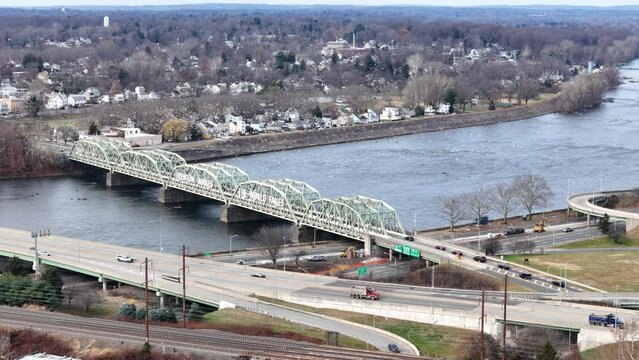 Drone footage of Lower Trenton Bridge crossing the Delaware River in Trenton, New Jersey, USA
