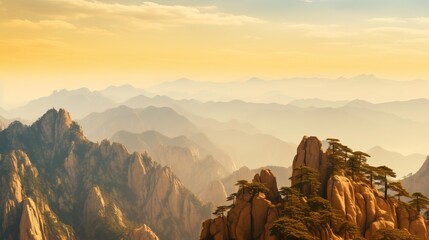 Mount Huangshan Yellow Mountains in Anhui China Wallpaper Background Beautiful Nature Landscape Morning Evening Sky Panorama Concept of Adventure Travel Eco Tour with Copy Space 16:9 - obrazy, fototapety, plakaty