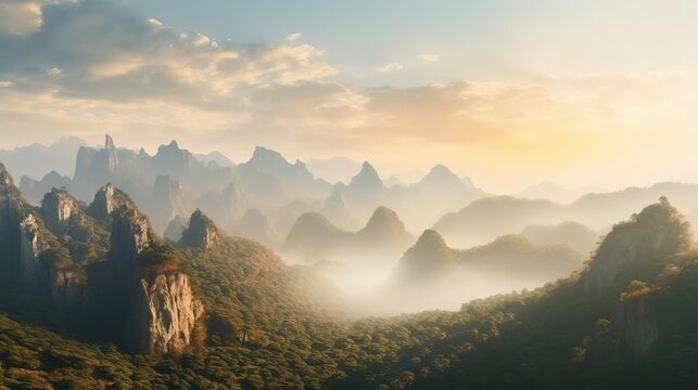 Mount Huangshan Yellow Mountains in Anhui China Wallpaper Background Beautiful Nature Landscape Morning Evening Sky Panorama Concept of Adventure Travel Eco Tour with Copy Space 16:9