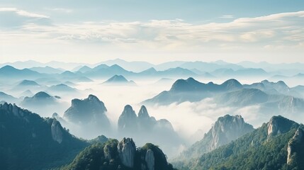 Mount Huangshan Yellow Mountains in Anhui China Wallpaper Background Beautiful Nature Landscape Morning Evening Sky Panorama Concept of Adventure Travel Eco Tour with Copy Space 16:9 - obrazy, fototapety, plakaty