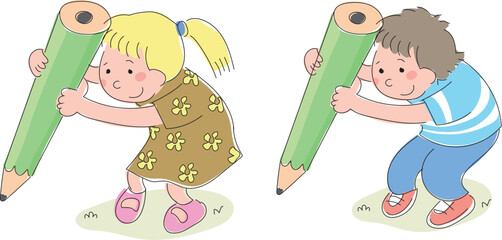 Little cute children holding pencils.
