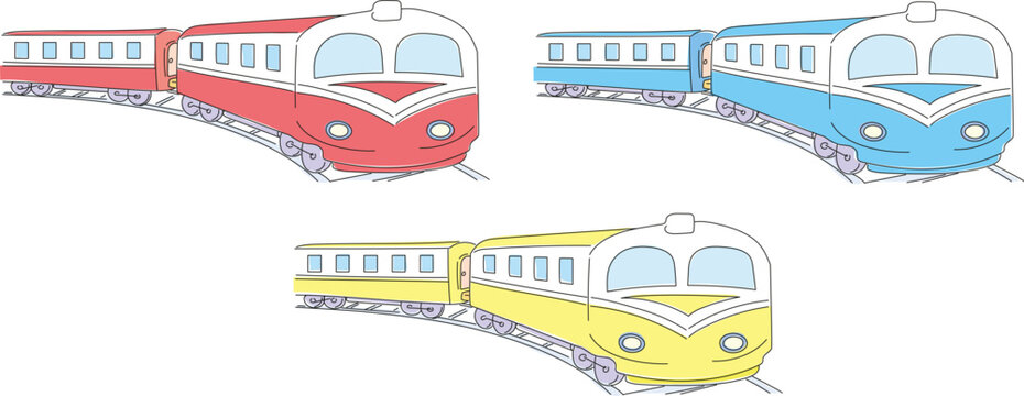 Colorful train drawings. Red, blue and yellow train.