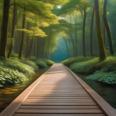 path in the forest, wooden bridge in the forest, wooden bridge over the river