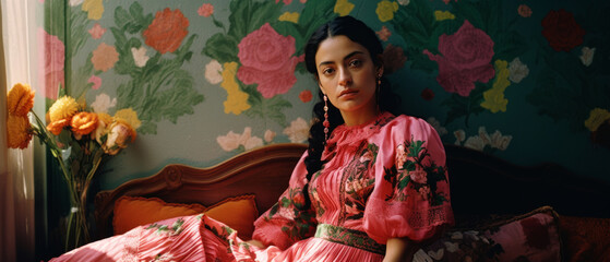 An authentic portrait of a Mexican woman in a traditional style - obrazy, fototapety, plakaty