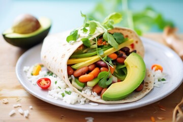 open-face rice cake burrito with avocados and beans