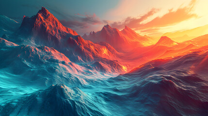 Sunrise over the majestic mountains, a breathtaking view of the highest peaks, blanketed in snow and surrounded by nature's beauty, with the sun emerging on the horizon, castsunrise over the mountains