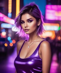 a girl in a purple top in a neon city