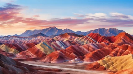 Peel and stick wall murals Zhangye Danxia Rainbow Mountains in Zhangye Danxia National Geopark Gansu China Wallpaper Background Beautiful Nature Landscape Blue Sky Panorama Concept of Adventure Travel Eco Tour with Copy Space 16:9