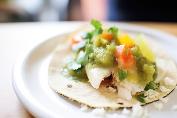 drizzling salsa verde on a fish taco, lime aside