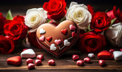 Romantic Valentine's Day setting with red and white roses and heart-shaped decorations on a wooden background